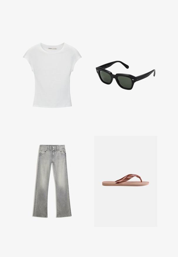 Weißes Baumwoll-T-Shirt mit kurzen, aufgerollten Ärmeln, rundem Ausschnitt und geradem Saum. Glatte Textur ohne sichtbare Muster oder Akzente.; Graue Jeans mit Schlag im verwaschenen Look, mit einem Knopfverschluss, fünf Taschen und genähten Details entlang des Taillenbundes und Saums.; Einzelne pinke Gummi-Zehensandale mit strukturiertem Fußbett und breitem Y-förmigem Riemen auf schlichtem weißen Hintergrund.; Schwarze quadratische Sonnenbrillen mit dunkelgrünen Gläsern, ausgestattet mit markanten Rahmen und silbernen Akzenten an den Seiten. Hergestellt in Italien.