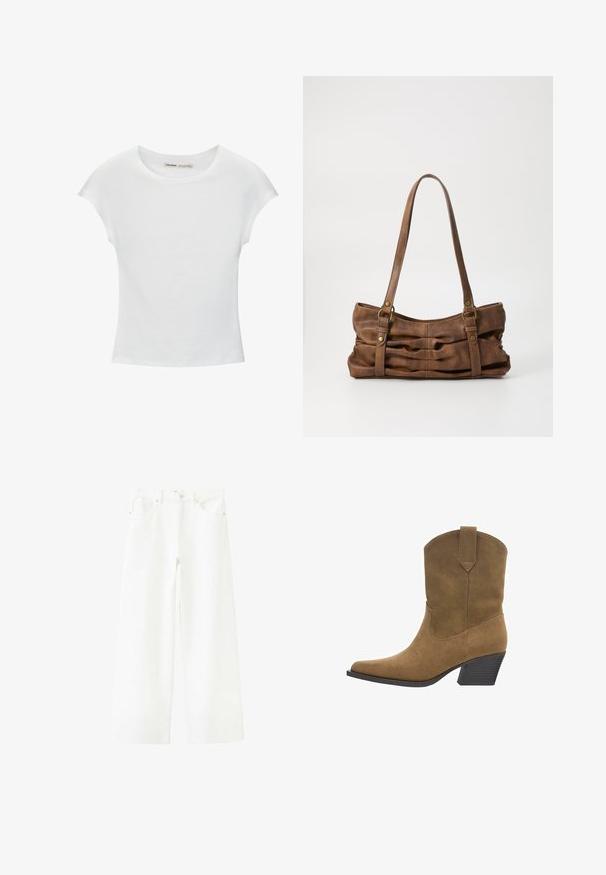 T-shirt en coton blanc avec manches courtes retroussées, encolure ronde et ourlet droit. Texture lisse sans motifs ni accents visibles.; Jean blanc à jambes larges avec poches avant, passants pour ceinture et fermeture boutonnée à la taille.; Botte cowboy mi-mollet en daim marron avec bout pointu, languette de tirage et talon bloc empilé sur fond blanc.; Even&Odd Sac à main - brown