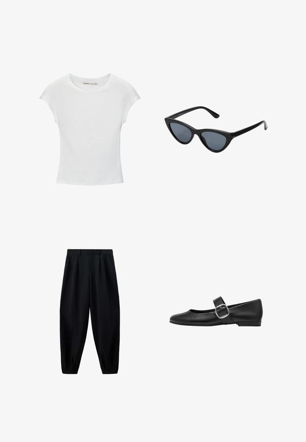 Witte katoenen T-shirt met korte, opgerolde mouwen, een ronde halslijn en een rechte zoom. Gladde textuur zonder zichtbare patronen of accenten.; Zwarte, hooggetailleerde taps toelopende broek met plooien in de taille en bij de boorden, en zijzakken, getoond op een witte achtergrond.; Zwarte leren ballerina's met een ronde neus, een enkele verstelbare band en een grote zilveren sluiting. Platte hak en een gladde textuur.; Zwarte cat-eye zonnebril met donkergrijze lenzen, slank plastic frame, puntige hoeken en rechte pootjes. Geen zichtbare hardware of accenten.