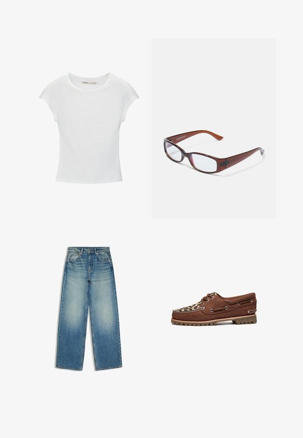 Hvid bomuld t-shirt med korte, opsmøgede ærmer, rund halsudskæring og lige kant. Glat tekstur uden synlige mønstre eller detaljer.; Blå jeans med vid ben, falmet front, fem-lomme design, bæltestropper og knaplukning.; Timberland AUTHENTIC 3 EYE - Sejlersko - medium brown nubuck; Brune-farvede rektangulære briller med en glat overflade, der har slanke arme og gennemsigtige linser. Logoet er synligt på venstre temple.