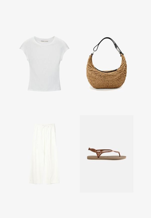 T-shirt en coton blanc avec manches courtes retroussées, encolure ronde et ourlet droit. Texture lisse sans motifs ni accents visibles.; Pantalon blanc à jambes larges avec taille élastique et cordon de serrage, en tissu léger.; Sandale plate avec semelle beige et lanières tressées métalliques couleur or rose, dotée d'une bride entre les orteils et d'une bride à la cheville pour un maintien sûr.; Sac à main en paille tissée beige à silhouette courbée, doté d'une bandoulière en cuir noir et d'accents métalliques argentés. Finition texturée.