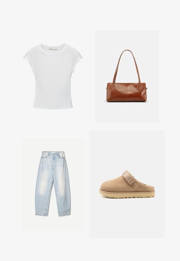 Hvid bomuld t-shirt med korte, opsmøgede ærmer, rund halsudskæring og lige kant. Glat tekstur uden synlige mønstre eller detaljer.; Lyseblå denimbukser med en loose fit, der har en falmet finish, to forlommer og en knaplukning i taljen.; Beige suedeklums med en tekstureret overdel, justerbar rem og en solid gummisål med en skridsikker mønster.; Rektangulær brun læderhåndtaske med to lange skulderremme, glat blank finish og minimalistisk design på en ensfarvet baggrund.