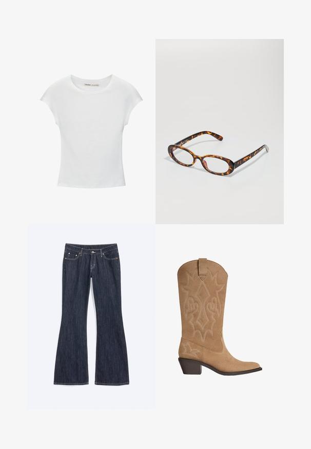 Weißes Baumwoll-T-Shirt mit kurzen, aufgerollten Ärmeln, rundem Ausschnitt und geradem Saum. Glatte Textur ohne sichtbare Muster oder Akzente.; Dunkelblaue Jeans aus Denim mit leichter Schlagweite am Bein, vorne Taschen, Knopf und sichtbaren Nähten.; Tanfarbene Wildleder-Cowboystiefel mit bestickter dekorativer Naht, mittelhohem gestapeltem Absatz und Zugschlaufe am Schaft.; Schildpattbrille mit ovalen Gläsern, glänzender Oberfläche, schlanken Bügeln und subtilen Mustern, die an die Streifen eines Tigers erinnern.