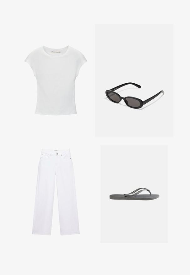 Weißes Baumwoll-T-Shirt mit kurzen, aufgerollten Ärmeln, rundem Ausschnitt und geradem Saum. Glatte Textur ohne sichtbare Muster oder Akzente.; Weiße, hoch taillierte Jeans mit weitem Bein, Knopf- und Reißverschluss, Taschen vorne und hinten sowie silbernen Nieten.; Flache graue Flip-Flop-Sandale mit strukturiertem Fußbett und dünnen Y-förmigen Riemen, von der Seite vor einem schlichten hellen Hintergrund gezeigt.; Even&Odd Sonnenbrille - black