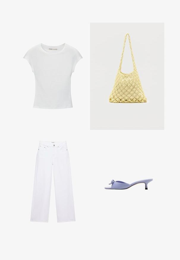 T-shirt en coton blanc avec manches courtes retroussées, encolure ronde et ourlet droit. Texture lisse sans motifs ni accents visibles.; Jean blanc taille haute à jambes larges avec fermeture à boutons et zip, poches avant et arrière, et détails en rivets argentés.; Mule lavande à bout ouvert avec petit talon et nœud décoratif sur la partie supérieure, vue de profil sur fond blanc.; Sac en filet macramé jaune avec longue bandoulière et pochette beige à l'intérieur, présenté sur un fond blanc uni.