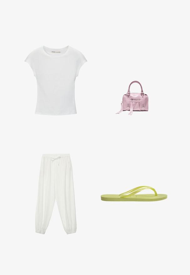 T-shirt en coton blanc avec manches courtes retroussées, encolure ronde et ourlet droit. Texture lisse sans motifs ni accents visibles.; Pantalon de jogging blanc à coupe ample avec taille élastique et poignets aux chevilles, doté d'un cordon à l'avant et de poches latérales.; Tongs vert lime avec semelle côtelée, fines lanières et semelle intérieure texturée. Fabriquées en caoutchouc, elles présentent un design minimaliste et une finition lisse.; Petit sac à main rose clair avec deux poignées, poche avant zippée et sangles décoratives avec anneaux métalliques sur fond blanc.