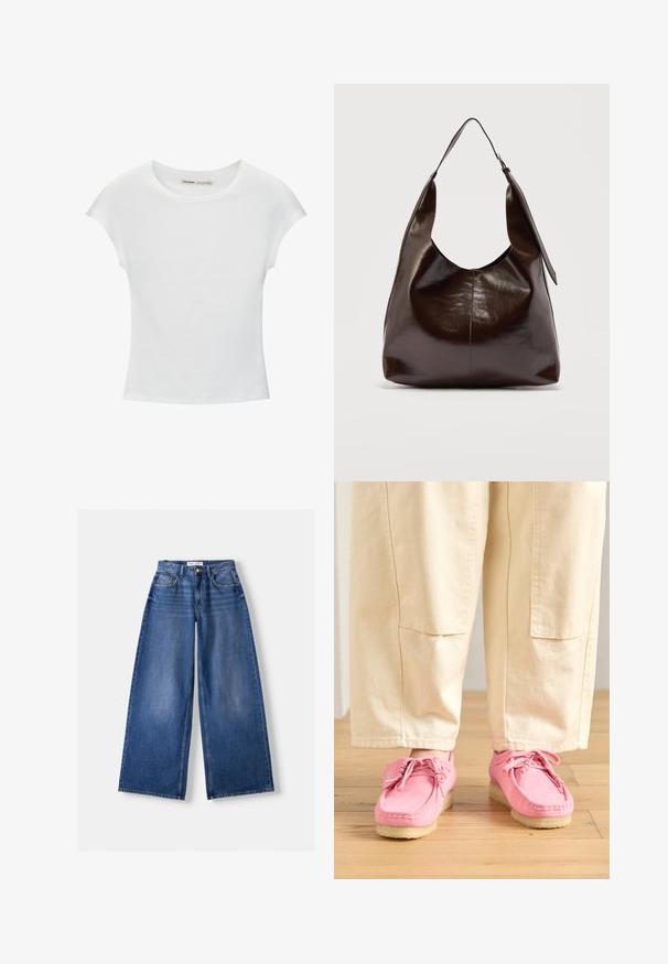 Weißes Baumwoll-T-Shirt mit kurzen, aufgerollten Ärmeln, rundem Ausschnitt und geradem Saum. Glatte Textur ohne sichtbare Muster oder Akzente.; Weit geschnittene blaue Denim-Jeans mit Vordertaschen, Gürtelschlaufen und Knopfverschluss, flach auf hellem Hintergrund liegend.; Rosa Wildleder-Mokassins mit Schnürsenkeln, die eine strukturierte Oberfläche und eine hellbeige Gummisohle aufweisen, kombiniert mit beigen Hosen.; Dunkelbraune glänzende Lederschultertasche mit einem breiten einzelnen Riemen und Schnallendetail auf einer Seite, vor einem schlichten hellen Hintergrund.