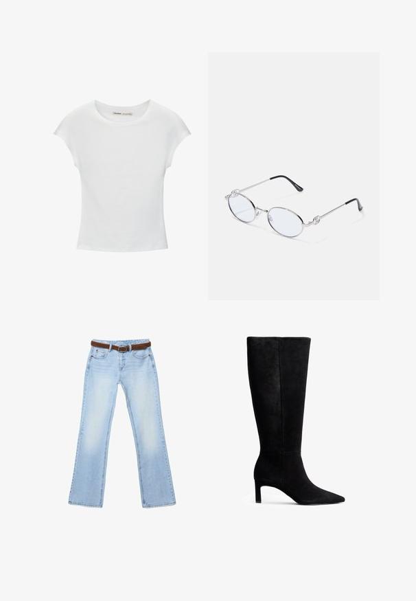 Hvid bomuld t-shirt med korte, opsmøgede ærmer, rund halsudskæring og lige kant. Glat tekstur uden synlige mønstre eller detaljer.; Lyseblå jeans med lige ben, et brunt læderbælte, forlommer og en falmet vask på lår og knæ.; Sorte suede knæhøj støvle med spids tå og en slank stiletto-hæl. Glat tekstur med et rent design uden synlige hardware eller accenter.; Sølvmetal ovale briller med klare linser, prydet med dekorative sideaccenter og sorte spidser på stængerne for bedre greb og komfort.