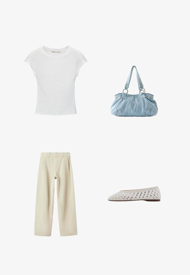 T-shirt en coton blanc avec manches courtes retroussées, encolure ronde et ourlet droit. Texture lisse sans motifs ni accents visibles.; Pantalon beige à jambes larges avec poches latérales, passants de ceinture et coutures visibles, présenté à plat sur fond blanc.; Ballerines en tissu crème avec des paillettes argentées disposées en motif de points, bout rond et semelle brune basse. Dessus texturé pour une touche de détail supplémentaire.; Sac à main en denim bleu clair avec deux bretelles attachées à des anneaux métalliques et des rivets décoratifs à l'avant et sur les côtés.