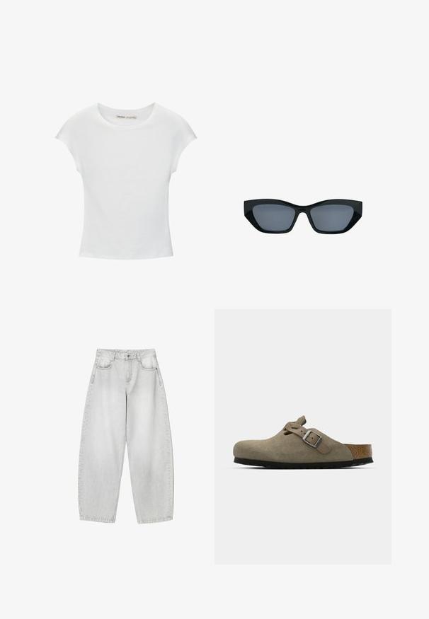 T-shirt en coton blanc avec manches courtes retroussées, encolure ronde et ourlet droit. Texture lisse sans motifs ni accents visibles.; Jeans à large jambe de couleur gris clair en denim, avec des poches avant, une taille à bouton et une finition légèrement délavée.; Sabots en velours côtelé vert olive clair avec une semelle en liège et en caoutchouc moulée. Dispose d'une sangle latérale avec une boucle en métal et d'un bout arrondi.; Lunettes de soleil noires style œil de chat avec des montures épaisses et des verres teintés foncés, présentées sur fond blanc.