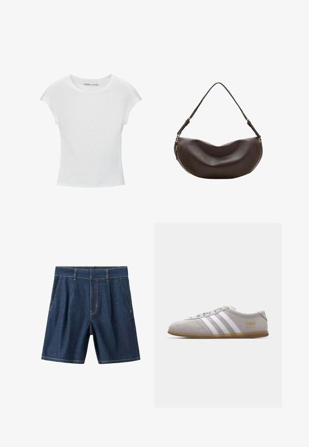 Witte katoenen T-shirt met korte, opgerolde mouwen, een ronde halslijn en een rechte zoom. Gladde textuur zonder zichtbare patronen of accenten.; Donkerblauwe denimshorts met riemlussen, voorzakken en gele stiksels, afgebeeld tegen een witte achtergrond.; Grijze suede sneaker met witte leren strepen en gouden logo detail. Platte gum zool, ronde neus en klassiek vetersluitingssysteem.; Donkerbruine leren schoudertas met een gebogen vorm, verstelbare riem en een gouden rits langs de onderrand.