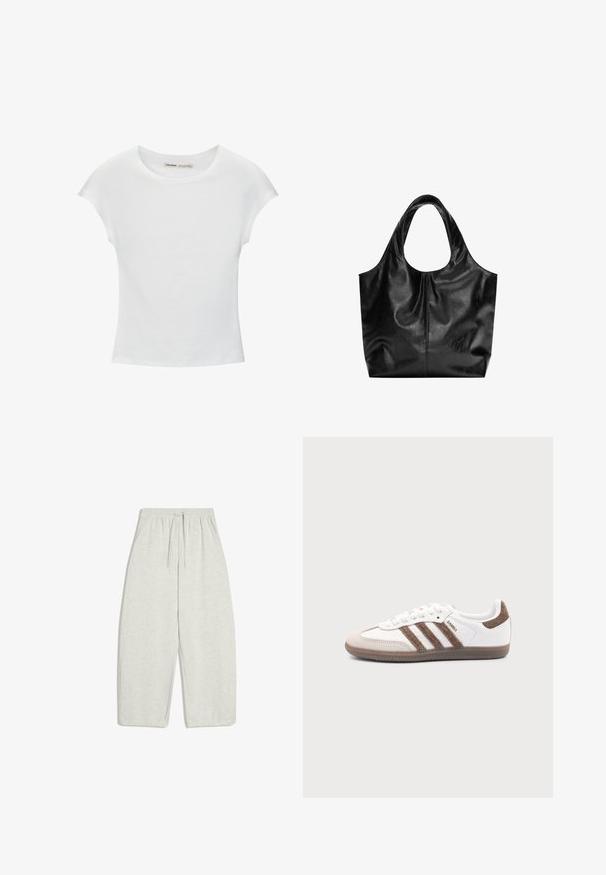 T-shirt en coton blanc avec manches courtes retroussées, encolure ronde et ourlet droit. Texture lisse sans motifs ni accents visibles.; Pantalon de survêtement gris clair, à taille large, confectionné dans un mélange de coton doux, avec une ceinture élastique munie d'un cordon ajustable et des poches latérales.; Baskets Adidas Samba blanches avec des bandes en daim marron, semelle en caoutchouc marron et bout en daim beige, vues du côté extérieur sur un fond uni.; Sac fourre-tout en cuir noir avec une texture lisse, un haut arrondi doux et de larges poignées. Présente une couture minimale et une silhouette décontractée.