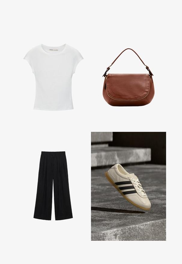 T-shirt en coton blanc avec manches courtes retroussées, encolure ronde et ourlet droit. Texture lisse sans motifs ni accents visibles.; Pantalon noir à jambes larges, taille haute, plis à l'avant et fermeture avant dissimulée.; Baskets blanches avec des bandes noires et une semelle en gomme flottant au-dessus d’escaliers en béton dans une lumière douce du jour.; Sac à bandoulière en cuir marron avec rabat arrondi et détail de fermeture éclair dorée, doté d'une bandoulière réglable unique.