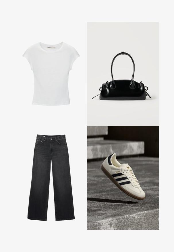 Weißes Baumwoll-T-Shirt mit kurzen, aufgerollten Ärmeln, rundem Ausschnitt und geradem Saum. Glatte Textur ohne sichtbare Muster oder Akzente.; Schwarze Jeans mit weitem Bein und hoher Taille, vorne mit Knopf- und Reißverschluss, Gürtelschlaufen und Fünf-Taschen-Design.; Weißer Adidas Samba Sneaker mit schwarzen Streifen und Gummisohle, schwebend über strukturierten grauen Betontreppen.; Kleine schwarze glänzende Handtasche mit zwei langen Griffen und seitlichen Kordelzug-Details vor einfachem hellem Hintergrund.