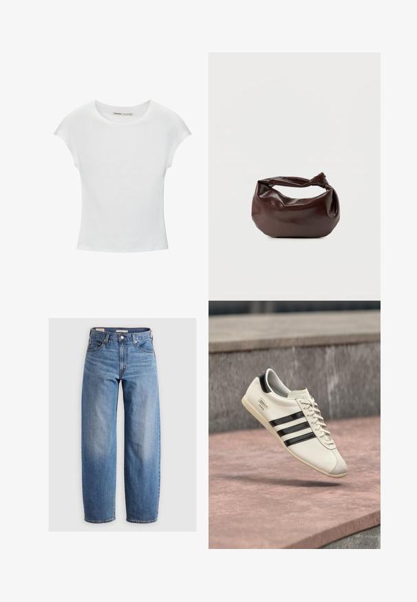 Weißes Baumwoll-T-Shirt mit kurzen, aufgerollten Ärmeln, rundem Ausschnitt und geradem Saum. Glatte Textur ohne sichtbare Muster oder Akzente.; Helleblaue, gerade geschnittene Jeans aus Denim. Merkmale ein klassisches Fünf-Taschen-Design und dezente Ausbleichungen entlang der Beine.; Weißer Adidas-Sneaker mit schwarzen Streifen und beige-farbener Sohle, der über einer rosa gefärbten Betonfläche und einem grauen Steinhintergrund schwebt.; Dunkelbraune Lederschultertasche mit weicher, lockerer Form und einem gedrehten Knotengriff vor schlichtem weißem Hintergrund.