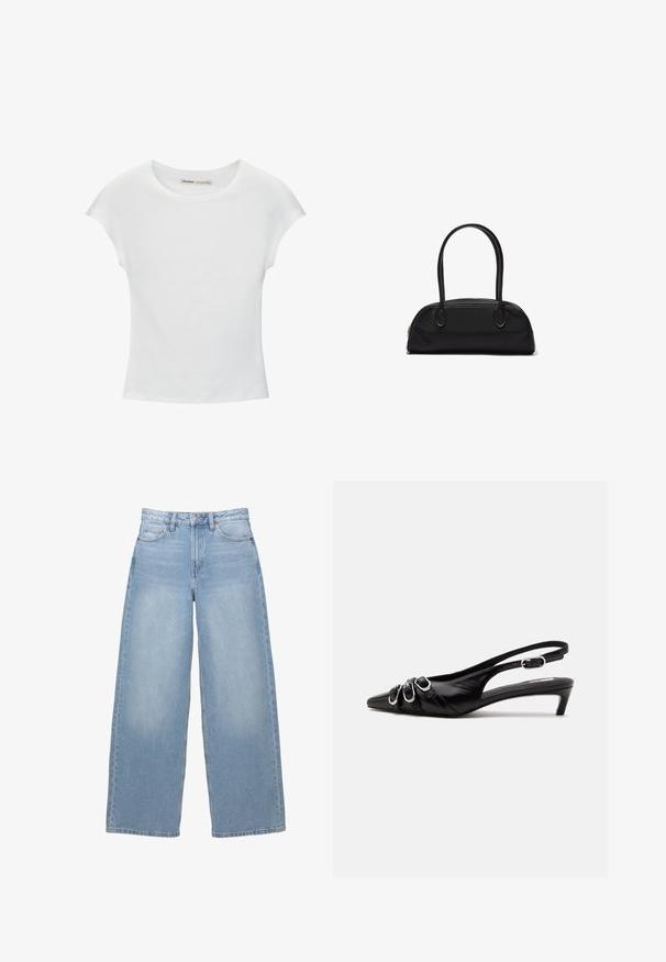 Hvid bomuld t-shirt med korte, opsmøgede ærmer, rund halsudskæring og lige kant. Glat tekstur uden synlige mønstre eller detaljer.; Lysblå, brede jeans lavet af denim. Har høj talje, forlommer og knaplukning. Glat tekstur med diskret udtoning.; Sort læder slingback sko med spids tå, tre sølvspænder på forsiden og lav lille hæl på hvid baggrund.; Sort læderhåndtaske med lange, runde håndtag og en buet, rektangulær form, der har en lynlåslukning øverst.