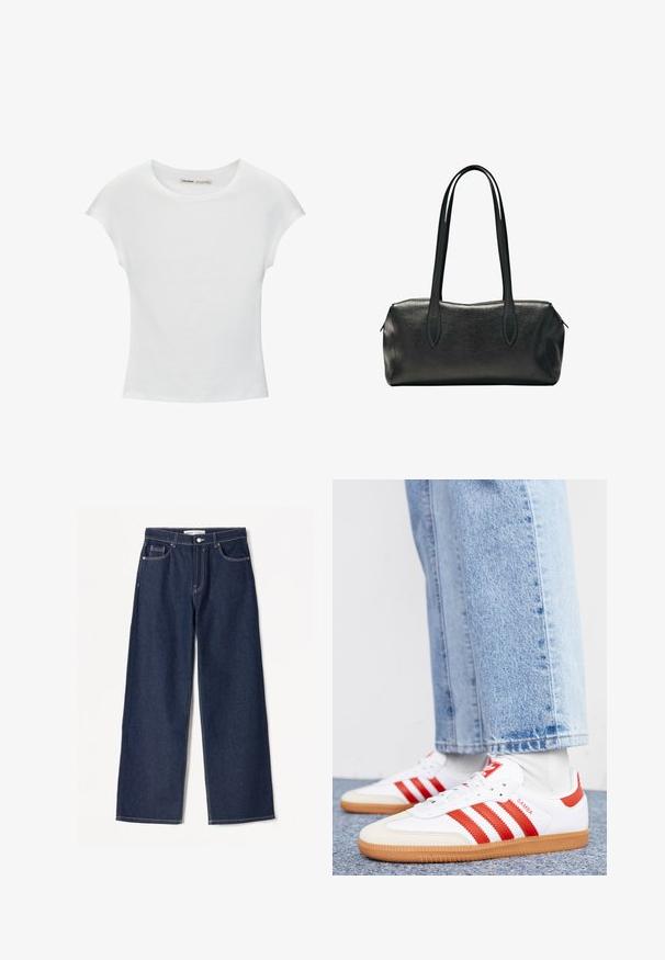 Hvid bomuld t-shirt med korte, opsmøgede ærmer, rund halsudskæring og lige kant. Glat tekstur uden synlige mønstre eller detaljer.; Mørkeblå brede jeans i denimstof med hvide syninger, har to frontlommer og en klassisk knaplukning.; Hvide lædersneakers med røde striber og accenter. Har en tekstureret gummisål og polstret krave. Bæres med lyseblå denim.; Sort rektangulær læderhåndtaske med to lange skulderstropper og en lynlåslukning øverst.