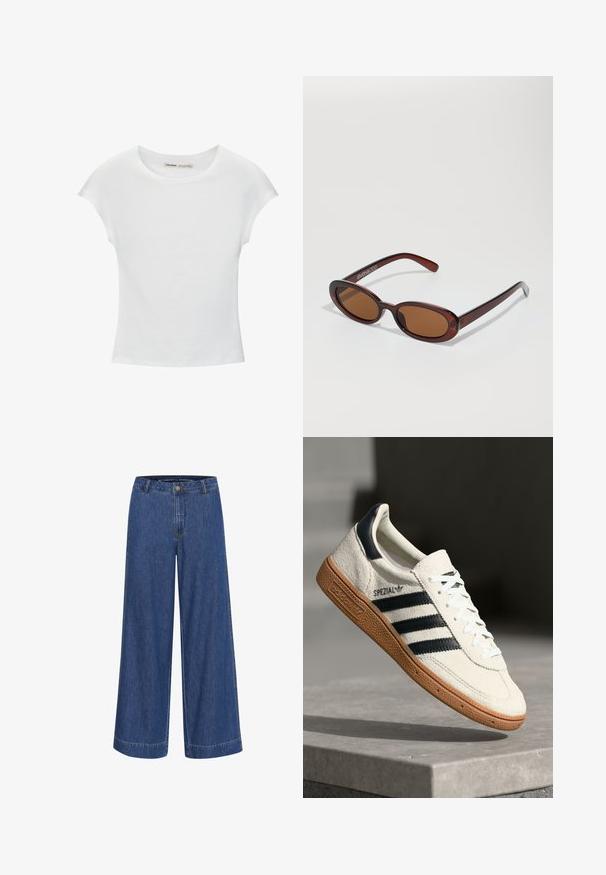 Weißes Baumwoll-T-Shirt mit kurzen, aufgerollten Ärmeln, rundem Ausschnitt und geradem Saum. Glatte Textur ohne sichtbare Muster oder Akzente.; Weite Jeanshose in Dunkelblau. Aus Baumwolle gefertigt, mit Knopfverschluss, Vordertaschen und einem sauberen Saum.; Weiße Wildleder-Sneaker mit marineblauen Streifen, Gummisohle, strukturiertem Obermaterial, runder Zehenform und Schnürung; mit Branding an der Seite und auf der Zunge.; Runde, braun getönte Sonnenbrillen mit einem glänzenden burgunderfarbenen Rahmen. Schlanke Bügel mit dezentem Branding. Flaches Linsendesign.