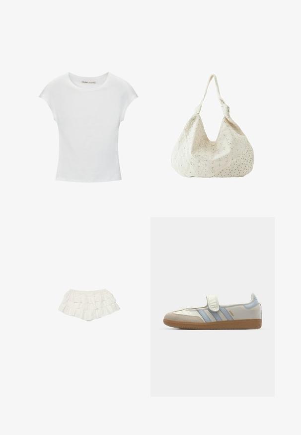 T-shirt en coton blanc avec manches courtes retroussées, encolure ronde et ourlet droit. Texture lisse sans motifs ni accents visibles.; Mini-jupe blanche à volants superposés avec taille élastique, présentant des panneaux de tissu superposés et une texture légère et douce.; adidas Originals SAMBA JANE BALLERINA - Babies - cloud white/halo blue; Sac à épaule en tissu couleur crème avec broderie florale à œillets et une seule bandoulière souple.