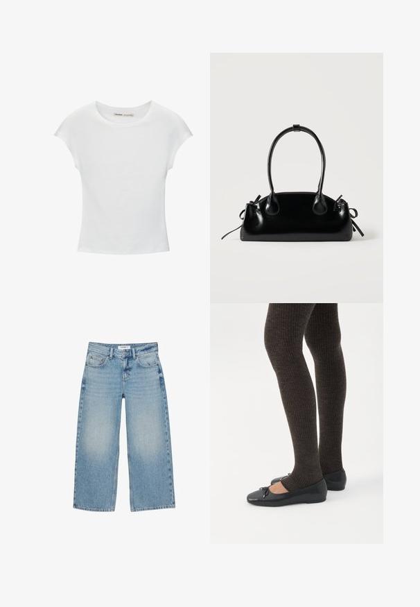 T-shirt en coton blanc avec manches courtes retroussées, encolure ronde et ourlet droit. Texture lisse sans motifs ni accents visibles.; Jean large en denim bleu clair avec cinq poches, passants pour ceinture, et fermeture avant à bouton et fermeture éclair.; Jambes portant des leggings côtelés foncés associés à des ballerines noires avec de petits détails en nœud sur fond blanc.; Petit sac à main noir brillant avec deux longues anses et des détails à cordon sur les côtés sur un fond clair uni.