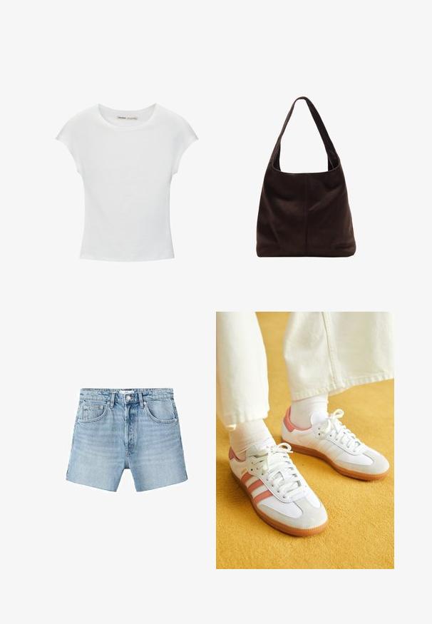 T-shirt en coton blanc avec manches courtes retroussées, encolure ronde et ourlet droit. Texture lisse sans motifs ni accents visibles.; Shorts en denim bleu clair avec une coupe droite, design à cinq poches, quincaillerie en métal et légère décoloration. Le tissu a une texture lisse.; Baskets blanches avec des accents roses, en matériaux de daim et de cuir, à bout rond et semelle en caoutchouc, présentées avec des chaussettes claires sur un fond jaune.; Sac à épaule en suède marron avec une large bandoulière plate. Design doux et non structuré avec une couture centrale. Pas de matériel ou d'ornements visibles.