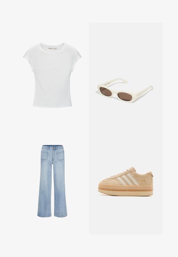 Hvid bomuld t-shirt med korte, opsmøgede ærmer, rund halsudskæring og lige kant. Glat tekstur uden synlige mønstre eller detaljer.; Lyseblå vidbukser lavet af denim, med høj talje, fem lommer og en ren afslutning ved kanten.; Beige ruskindsplatform sneakers med hvide tre striber, rund tå og beige gummisål med en guld logo accent på siden.; Cremefarvede solbriller med ovale linser, brunt tonede, med en blank finish og subtil "Vogue" branding på siden.