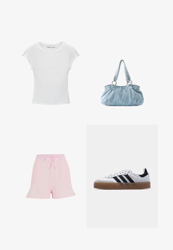 T-shirt en coton blanc avec manches courtes retroussées, encolure ronde et ourlet droit. Texture lisse sans motifs ni accents visibles.; Shorts rose clair en tissu texturé, dotés d'une taille élastique avec un lien à nouer et d'une silhouette décontractée et évasée.; Baskets en cuir blanc avec des rayures noires, semelle extérieure en caoutchouc beige, bout rond, fermeture lacée et embout en suède gris doux.; Sac à main en denim bleu clair avec deux bretelles attachées à des anneaux métalliques et des rivets décoratifs à l'avant et sur les côtés.