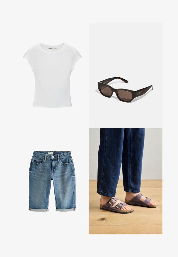 Hvid bomuld t-shirt med korte, opsmøgede ærmer, rund halsudskæring og lige kant. Glat tekstur uden synlige mønstre eller detaljer.; Blå denim knæ-lange shorts med en opsmøgning, fem lommer og lukning med metalknap. Stof har et let falmet udseende.; Lilla ruskinds-sandaler med to justerbare spænder, kork-sål og tekstureret sort gummisål. Brugt med mørke denimbukser.; Skildpaddemønstrede solbriller med rektangulære brune linser. Den glatte plastikramme har guld "vogue" branding på siden.