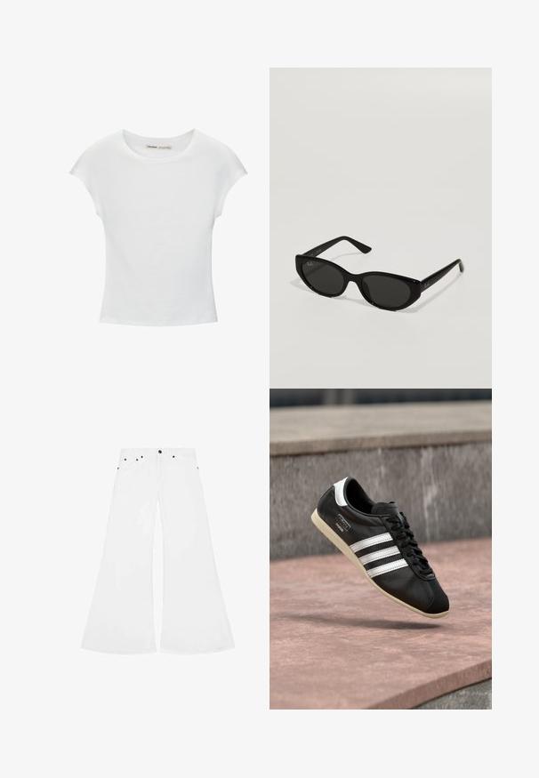 Witte katoenen T-shirt met korte, opgerolde mouwen, een ronde halslijn en een rechte zoom. Gladde textuur zonder zichtbare patronen of accenten.; Witte uitlopende jeans van denim, met een knoopsluiting, vijf zakken en zwarte metalen hardwareaccenten.; Zwarte leren sneaker met witte strepen en zool, veters gestrikt, zwevend boven een rozeachtig betonnen oppervlak met een grijze stenen muur op de achtergrond.; Zwarte zonnebril met een smal, kattenoogvorm. Gemaakt van glad plastic, met donkere glazen en subtiele logo-accenten op de veren.