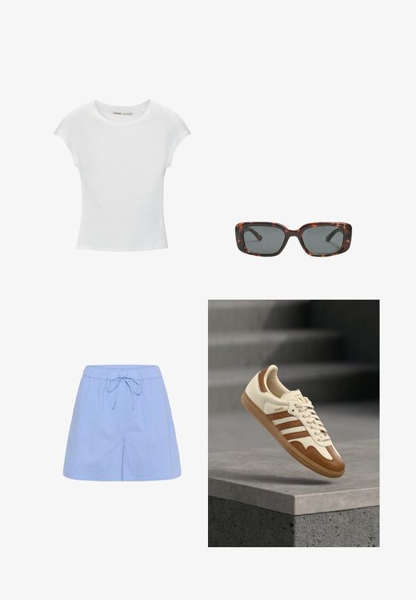 T-shirt en coton blanc avec manches courtes retroussées, encolure ronde et ourlet droit. Texture lisse sans motifs ni accents visibles.; Shorts décontractés bleu clair avec taille élastique et cordon de serrage, avec une coupe confortable et une texture verticale subtile.; Baskets classiques avec une tige en cuir crème, des accents marron, trois bandes et une semelle en caoutchouc texturée. Elles présentent un bout arrondi et une fermeture à lacets.; Lunettes de soleil en écaille de tortue avec des verres rectangulaires, monture épaisse et verres teintés foncés. Texture lisse et design minimaliste.