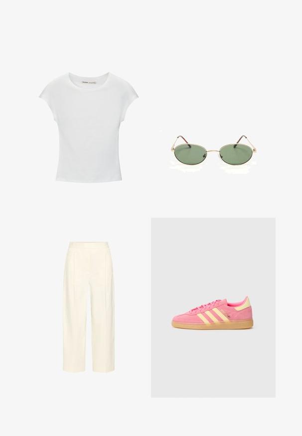 T-shirt en coton blanc avec manches courtes retroussées, encolure ronde et ourlet droit. Texture lisse sans motifs ni accents visibles.; Pantalon crème taille haute, ajusté, aux jambes droites avec un pli subtil à l'avant.; Baskets en daim rose avec des accents jaunes, présentant trois bandes blanches, un bout rond, une semelle en gomme et des détails de marque sur le côté et le talon.; Lunettes de soleil ovales à monture en métal doré avec des verres teintés verts et des branches fines reposant sur une surface blanche.