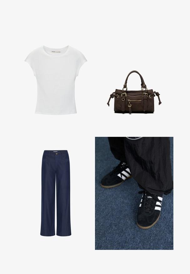 Witte katoenen T-shirt met korte, opgerolde mouwen, een ronde halslijn en een rechte zoom. Gladde textuur zonder zichtbare patronen of accenten.; ICHI IHFlared - Flared Jeans - dark blue; Zwarte suède sportschoenen met drie witte strepen en zwarte veters. Een gestructureerde zwarte broek is deels zichtbaar naast de schoenen.; Donkerbruine leren handtas met dubbele handvatten, voorvak met ritssluiting, decoratieve gespen en zijknopen op een witte achtergrond.