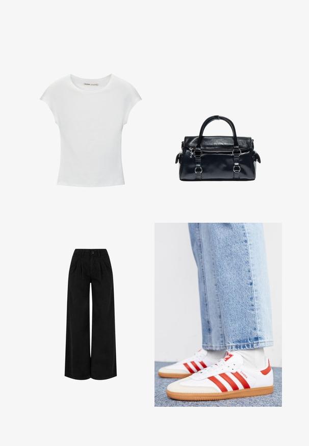 T-shirt en coton blanc avec manches courtes retroussées, encolure ronde et ourlet droit. Texture lisse sans motifs ni accents visibles.; Pantalon noir taille haute à jambes larges avec plis devant, fermeture à boutons et passants pour ceinture, présenté sur fond blanc.; Baskets en cuir blanc avec des rayures et des accents rouges. Dotées d'une semelle extérieure en gomme texturée et d'un col rembourré. Portées avec un jean en denim bleu clair.; Sac à main en cuir noir avec double poignée, poche zippée avant et détails en anneaux métalliques argentés sur fond blanc.