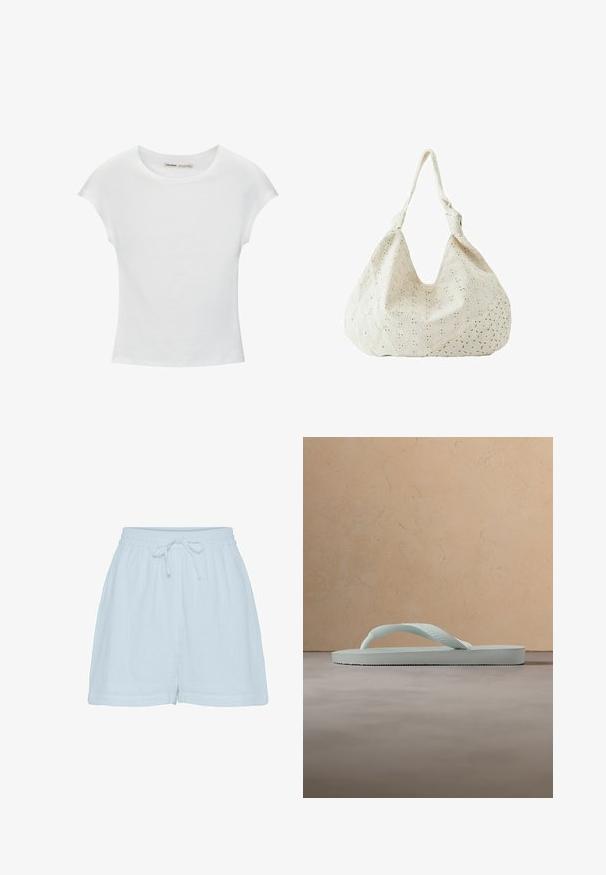 Witte katoenen T-shirt met korte, opgerolde mouwen, een ronde halslijn en een rechte zoom. Gladde textuur zonder zichtbare patronen of accenten.; Lichtblauwe katoenen shorts met een relaxte pasvorm, elastische tailleband en verstelbaar trekkoord. Beschikt over een zachte, gestructureerde stof en zijnaad.; Enkele lichtbeige rubberen teenslipper met een getextureerd voetbed en Y-vormige band op een effen grijze achtergrond.; Crèmekleurige stoffen schoudertas met oogjesbloemenborduursel en een enkele zachte band.