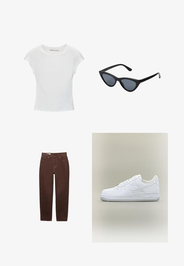 Weißes Baumwoll-T-Shirt mit kurzen, aufgerollten Ärmeln, rundem Ausschnitt und geradem Saum. Glatte Textur ohne sichtbare Muster oder Akzente.; Braune Jeans mit geradem Bein, vorderem Knopf- und Reißverschluss sowie einem Fünf-Taschen-Design auf weißem Hintergrund.; Weißer Nike Air Force 1 Sneaker in Low-Top-Form mit Schnürsenkeln, perforierter Zehenkappe und strukturierter Gummisohle vor neutralem Hintergrund.; Schwarze Cat-Eye-Sonnenbrille mit dunkelgrauen Gläsern, schlankem Kunststoffrahmen, spitzen Ecken und geraden Bügeln. Keine sichtbaren Befestigungen oder Akzente.