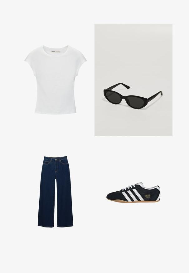 Hvid bomuld t-shirt med korte, opsmøgede ærmer, rund halsudskæring og lige kant. Glat tekstur uden synlige mønstre eller detaljer.; Mørkeblå vidde jeans i denim; har forlommer og knaplukning; fremtrædende syninger langs sømmene; ingen mønstre eller udsmykninger.; Sort ruskinds sneaker med hvide tre striber, guldlogo og en brun gummisål. Har et lavprofil snørebåndsdesign.; Sorte solbriller med en smal, katteøjeform. Fremstillet af glat plast, med mørke linser og diskrete logo accenter på stængerne.