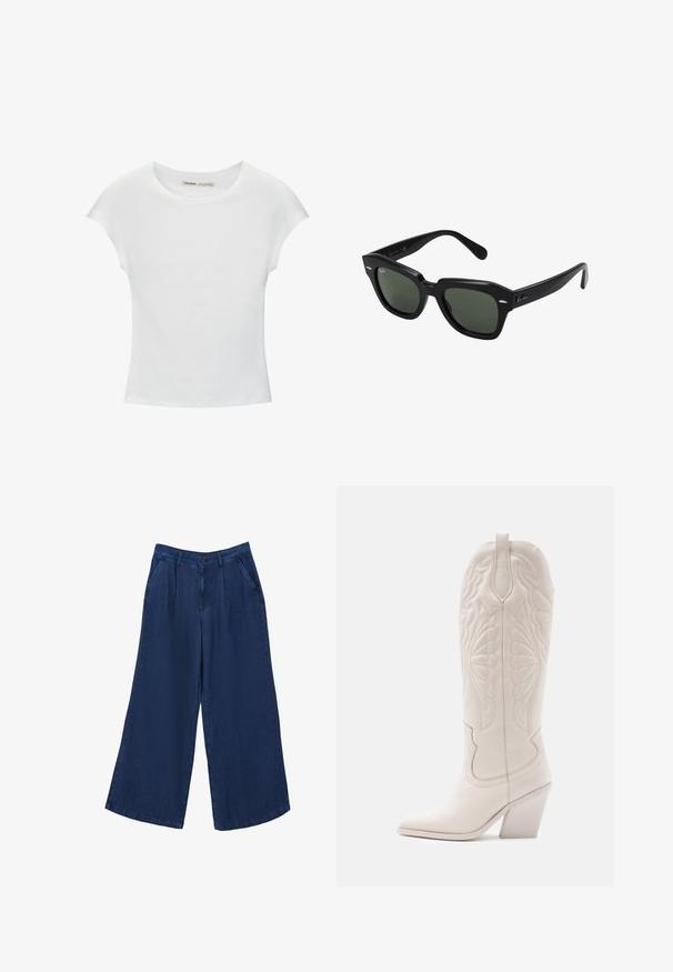 T-shirt en coton blanc avec manches courtes retroussées, encolure ronde et ourlet droit. Texture lisse sans motifs ni accents visibles.; Pantalons en denim à jambes larges de couleur bleu foncé. Comprend deux poches avant, une fermeture à bouton et une texture lisse en tissu léger.; Bottine de cowboy en cuir blanc avec un bout pointu et un talon bloc. Présente des motifs de broderie complexes sur la tige et une texture lisse.; Lunettes de soleil carrées noires avec des verres vert foncé, présentant des montures audacieuses et des accents argentés sur les côtés. Fabriquées en Italie.