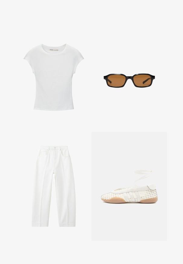 T-shirt en coton blanc avec manches courtes retroussées, encolure ronde et ourlet droit. Texture lisse sans motifs ni accents visibles.; Jean blanc à taille haute, coupe droite, avec poches avant, passants pour ceinture et fermeture par bouton.; Chaussure blanche tissée avec une tige texturée, dotée d'un bout arrondi, d'accents en cuir blanc et d'une semelle en caoutchouc flexible. Lacets fins attachés.; Lunettes de soleil rectangulaires noires avec des montures épaisses et des verres teintés marron, vues de face sur un fond blanc.