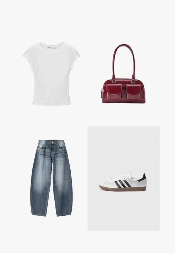 Witte katoenen T-shirt met korte, opgerolde mouwen, een ronde halslijn en een rechte zoom. Gladde textuur zonder zichtbare patronen of accenten.; Wijd gesneden jeans van lichtblauwe denim met vervaging, met een vijf-pocket ontwerp, knoopsluiting en minimale stikdetails.; Witte mesh sneaker met zwarte strepen, beige suède neuskapje en hielaccent, gestructureerde rubberen zool en witte veters. Klassiek ontwerp met lage schacht.; Donkerrode lederen handtas met twee voorvakken met kleppen en lange schouderbanden, getoond op een witte achtergrond.