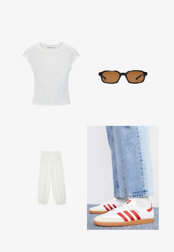 T-shirt en coton blanc avec manches courtes retroussées, encolure ronde et ourlet droit. Texture lisse sans motifs ni accents visibles.; Pantalon blanc ample avec taille élastique, cordon de serrage et poignets élastiqués froncés aux chevilles.; Baskets en cuir blanc avec des rayures et des accents rouges. Dotées d'une semelle extérieure en gomme texturée et d'un col rembourré. Portées avec un jean en denim bleu clair.; Lunettes de soleil rectangulaires noires avec des montures épaisses et des verres teintés marron, vues de face sur un fond blanc.