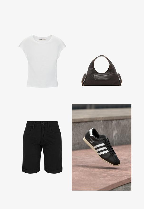 Hvid bomuld t-shirt med korte, opsmøgede ærmer, rund halsudskæring og lige kant. Glat tekstur uden synlige mønstre eller detaljer.; Sorte bomuldsshorts med knaplukning, der har opsmøg, to frontlommer og en glat tekstur.; Sort lædersneaker med hvide striber og sål, snøret, svævende over en rosa betonoverflade med en grå stenvæg i baggrunden.; Sort læderhåndtaske med et rundt øverste håndtag, to sidelommer med lynlåse og glat tekstur. Let slap design.