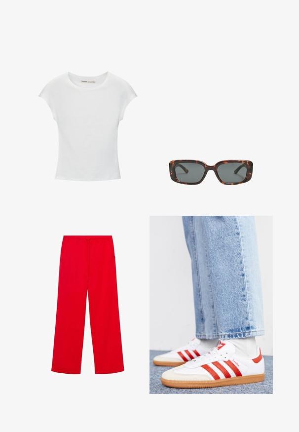Hvid bomuld t-shirt med korte, opsmøgede ærmer, rund halsudskæring og lige kant. Glat tekstur uden synlige mønstre eller detaljer.; Røde, vide sweatpants lavet af blødt stof, med elastisk talje og snøre, samt to sidelommer for bekvemmelighed.; Hvide lædersneakers med røde striber og accenter. Har en tekstureret gummisål og polstret krave. Bæres med lyseblå denim.; Skildpaddedesolbriller med rektangulære linser, tykke stel og mørkt tonede linser. Glat tekstur og minimalistisk design.