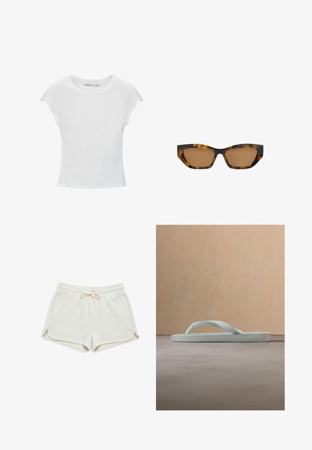 T-shirt en coton blanc avec manches courtes retroussées, encolure ronde et ourlet droit. Texture lisse sans motifs ni accents visibles.; Shorts beige clair en tissu doux, dotés d'une ceinture élastique avec cordon de serrage, fentes latérales et détails subtils de couture.; Tongue en caoutchouc beige clair unique avec semelle texturée et bride en forme de Y sur un fond gris uni.; Lunettes de soleil rectangulaires en écaille avec des verres teintés marron légèrement en forme d'œil de chat et une finition brillante.