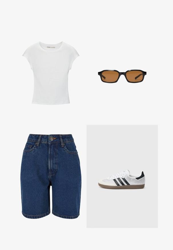 Hvid bomuld t-shirt med korte, opsmøgede ærmer, rund halsudskæring og lige kant. Glat tekstur uden synlige mønstre eller detaljer.; Denim shorts med en mørkeblå farve, høj talje, fem-lomme design og kontrasterende orange syninger. Stof ser tekstureret ud.; Hvid mesh-sneaker med sorte striber, beige ruskind på tåhætte og hæl, tekstureret gummisål og hvide snørebånd. Klassisk lavtopsdesign.; Sorte rektangulære solbriller med tykke stel og brune tonede linser, vist forfra på en hvid baggrund.