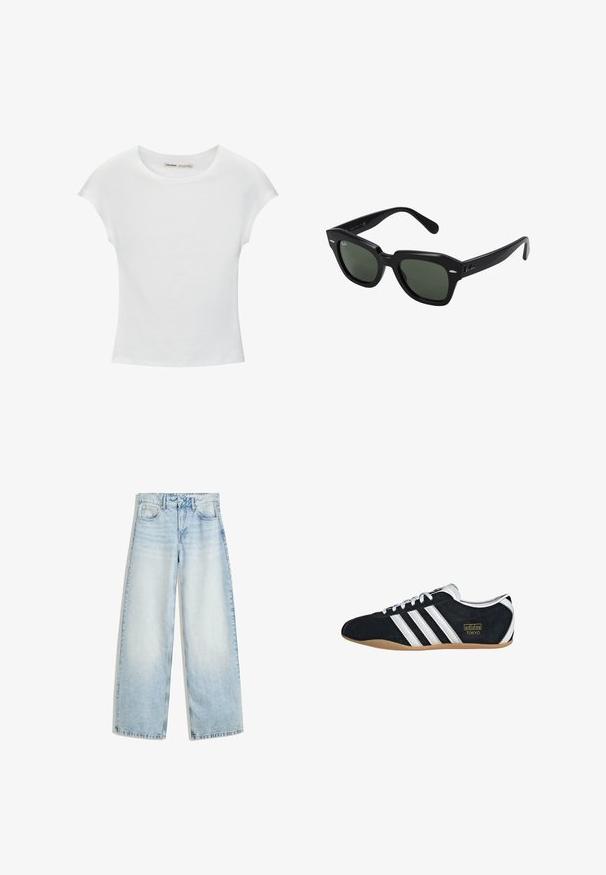 Hvid bomuld t-shirt med korte, opsmøgede ærmer, rund halsudskæring og lige kant. Glat tekstur uden synlige mønstre eller detaljer.; Lyseblå denim bukser med vid ben, høj talje, fem lommer, knaplukning og en falmet finish. Har lige, løse ben.; Sort ruskinds sneaker med hvide tre striber, guldlogo og en brun gummisål. Har et lavprofil snørebåndsdesign.; Sorte firkantede solbriller med mørkegrønne linser, der har kraftige stel og sølvdetaljer på siderne. Fremstillet i Italien.
