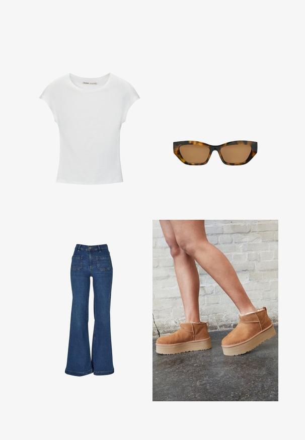 T-shirt en coton blanc avec manches courtes retroussées, encolure ronde et ourlet droit. Texture lisse sans motifs ni accents visibles.; Jean en denim bleu taille haute avec jambes évasées larges, poches plaquées à l'avant, passants de ceinture et fermeture par bouton.; Bottines en suède marron avec une doublure en peluche, semelle épaisse en beige et une poignée à l'arrière. Surface texturée avec des détails de couture visibles.; Lunettes de soleil rectangulaires en écaille avec des verres teintés marron légèrement en forme d'œil de chat et une finition brillante.