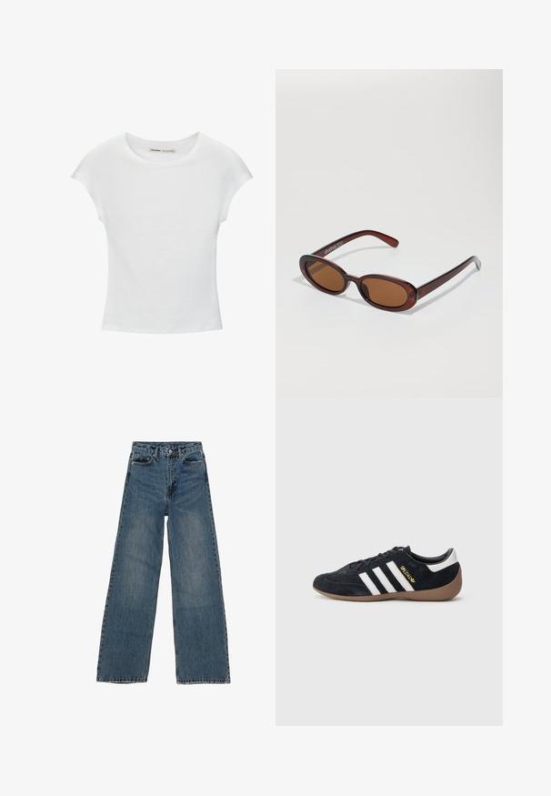 Hvid bomuld t-shirt med korte, opsmøgede ærmer, rund halsudskæring og lige kant. Glat tekstur uden synlige mønstre eller detaljer.; Blå denim brede ben jeans med høj talje, fem lommer og kontraststing. Udsivninger og mindre slid synlige på stoffet.; Sort ruskindssneaker med tre hvide striber, gummisål og et lille gyldent logo på siden. Har en glat sort foring indvendigt.; Runde, bruntonede solbriller med en glansfuld bordeauxramme. Slanke arme med diskret brandingdetalje. Flad linsedesign.
