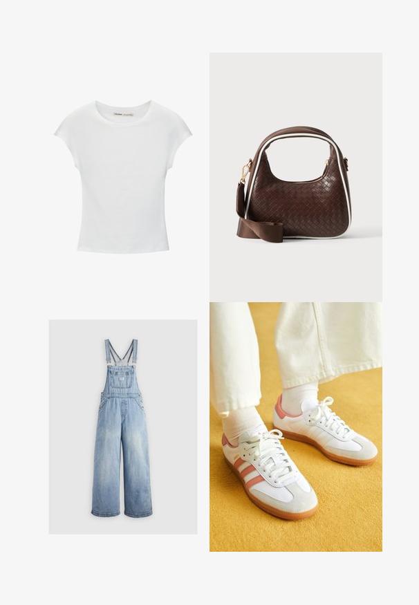 T-shirt en coton blanc avec manches courtes retroussées, encolure ronde et ourlet droit. Texture lisse sans motifs ni accents visibles.; Salopette en denim bleu clair avec des jambes larges, bretelles réglables, poche avant et boutons en métal sur les côtés. Style classique avec une coupe décontractée.; Baskets blanches avec des accents roses, en matériaux de daim et de cuir, à bout rond et semelle en caoutchouc, présentées avec des chaussettes claires sur un fond jaune.; Sac à main en cuir tressé marron avec passepoil blanc, fermeture éclair dorée et bandoulière amovible en tissu marron.