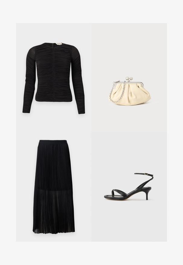 Haut noir à manches longues ajusté avec des détails froncés sur le devant et les manches, doté d'une fermeture éclair au dos et d'un col rond.; Jupe midi plissée noire avec une taille élastique lisse et une superposition transparente, présentant de fins plis verticaux sur toute la surface du tissu.; Sandale pour femme en cuir noir avec fines lanières, une boucle d'orteil, une boucle à la cheville et un talon aiguille de hauteur moyenne sur un fond neutre.; Pochette en cuir beige plissé avec un cadre en métal argenté, dotée de deux fermoirs ronds décoratifs et d'une chaîne en argent.