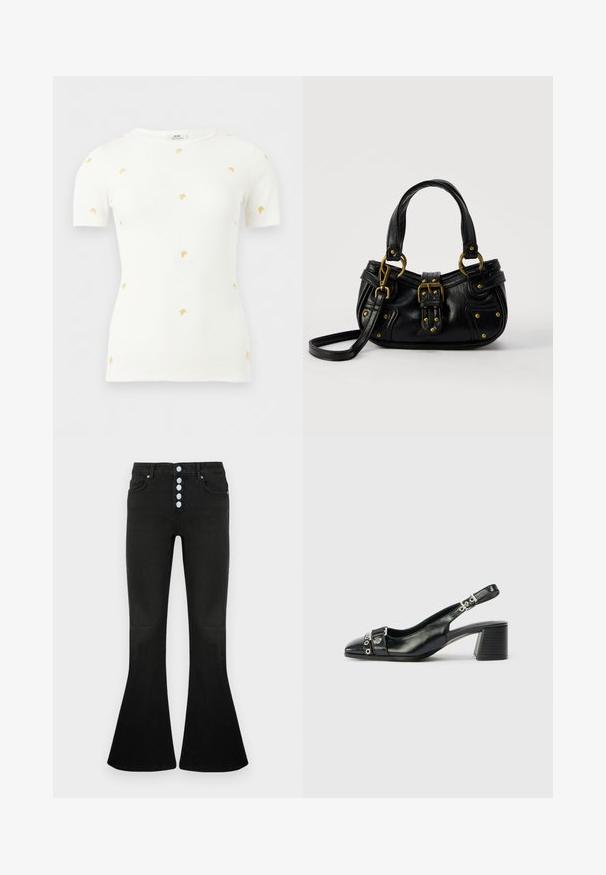 Haut à manches courtes en maille côtelée blanche avec petites broderies de carottes orange dispersées sur le devant et les manches.; Jean évasé noir taille haute, braguette à cinq boutons, texture en denim doux et détails de coutures discrètes sur les poches et les coutures.; Sandale à talon en cuir noir avec un bout pointu, une sangle texturée ornée d'accents métalliques circulaires et un talon empilé.; Sac à main en cuir noir avec boucle dorée et détails à rivets, poignées courtes et bandoulière réglable sur fond blanc uni.